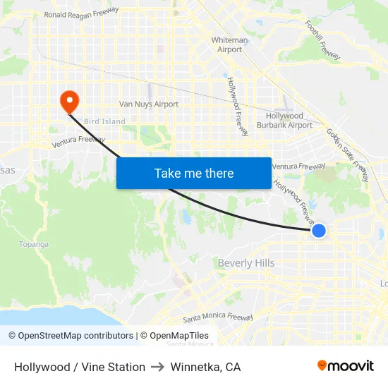 Hollywood / Vine Station to Winnetka, CA map