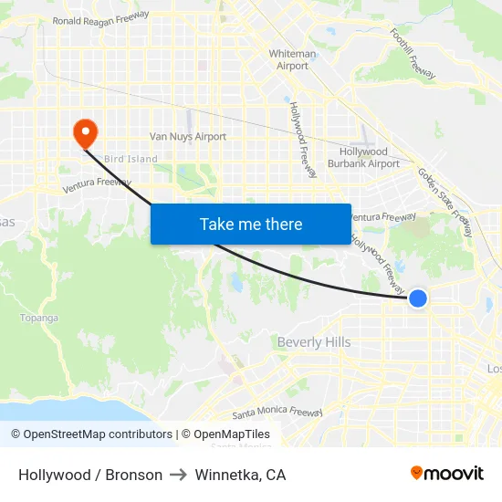 Hollywood / Bronson to Winnetka, CA map