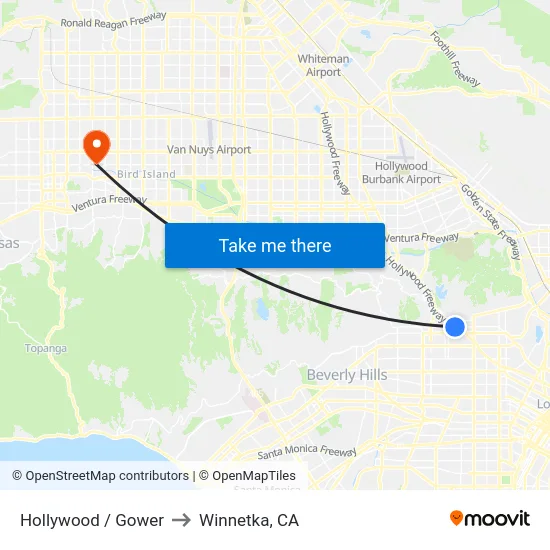 Hollywood / Gower to Winnetka, CA map