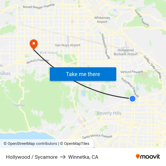 Hollywood / Sycamore to Winnetka, CA map