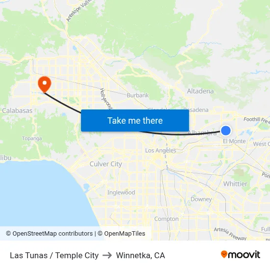 Las Tunas / Temple City to Winnetka, CA map