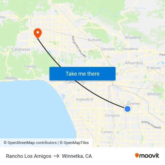 Rancho Los Amigos to Winnetka, CA map