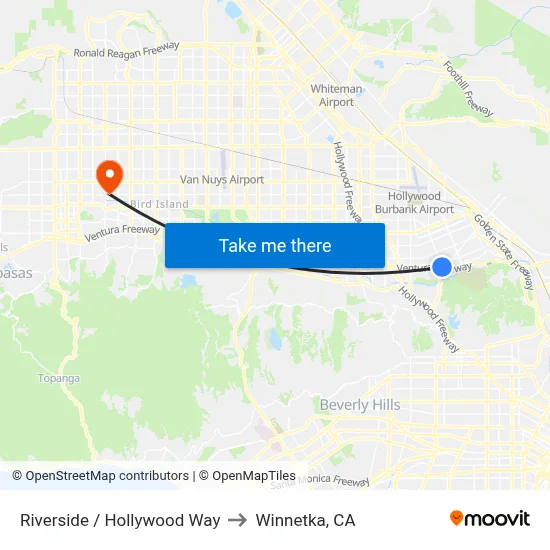 Riverside / Hollywood Way to Winnetka, CA map