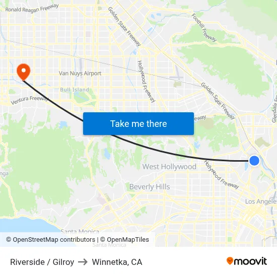 Riverside / Gilroy to Winnetka, CA map