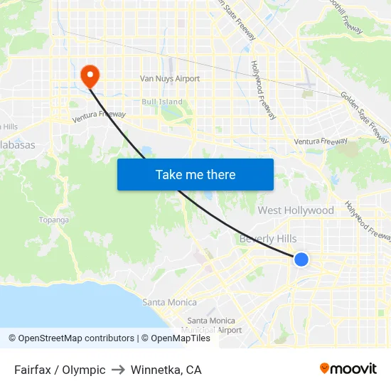 Fairfax / Olympic to Winnetka, CA map