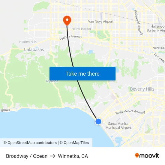 Broadway / Ocean to Winnetka, CA map
