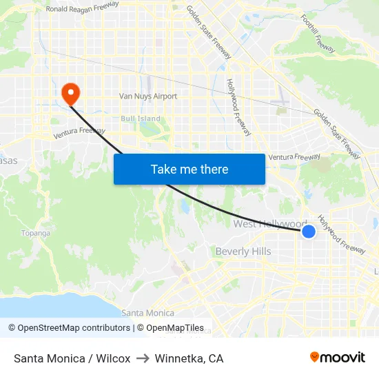 Santa Monica / Wilcox to Winnetka, CA map