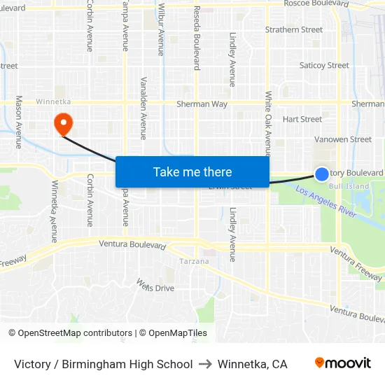 Victory / Birmingham High School to Winnetka, CA map