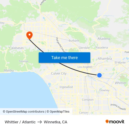 Whittier / Atlantic to Winnetka, CA map