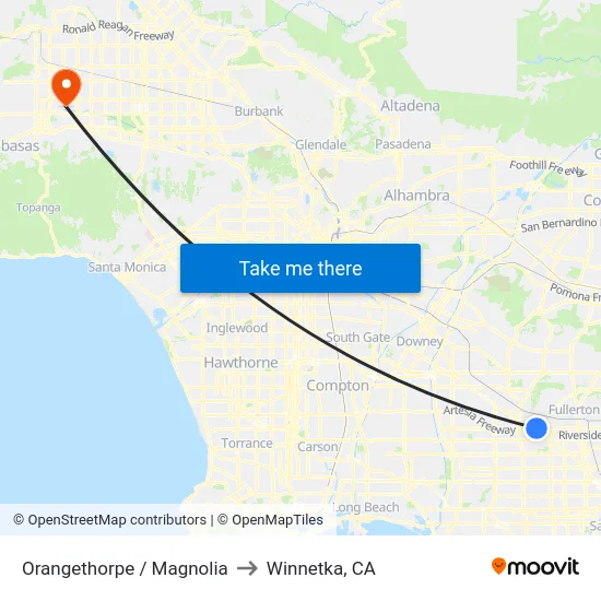 Orangethorpe / Magnolia to Winnetka, CA map