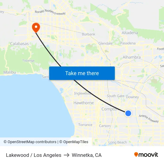 Lakewood / Los Angeles to Winnetka, CA map