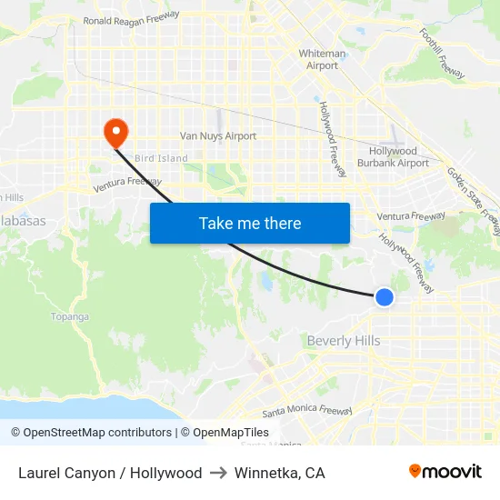 Laurel Canyon / Hollywood to Winnetka, CA map