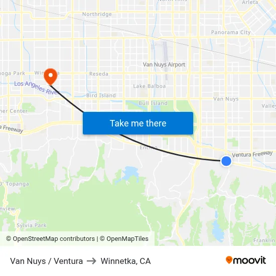 Van Nuys / Ventura to Winnetka, CA map