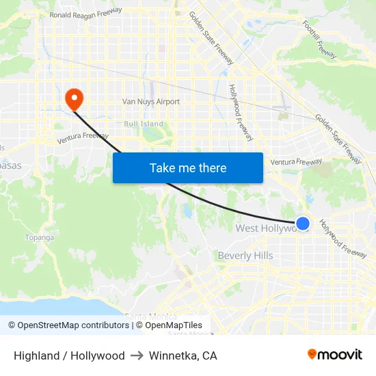 Highland / Hollywood to Winnetka, CA map