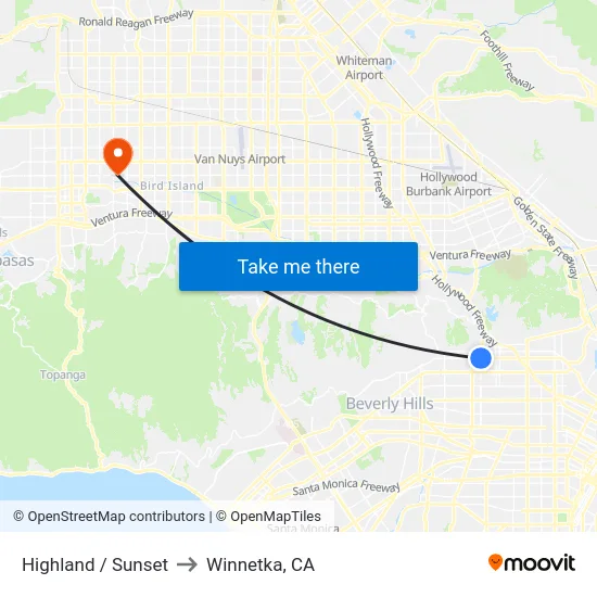 Highland / Sunset to Winnetka, CA map