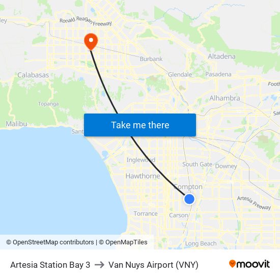 Artesia Station Bay 3 to Van Nuys Airport (VNY) map