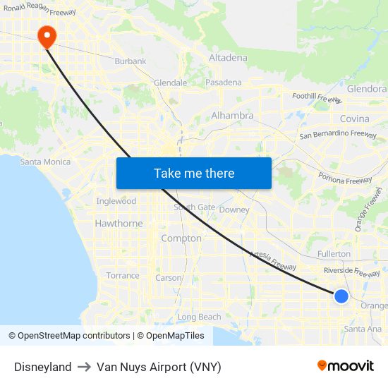 Disneyland to Van Nuys Airport (VNY) map