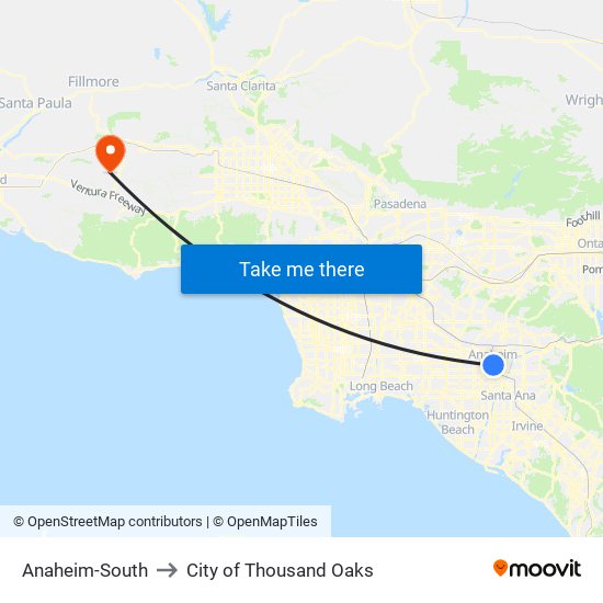 Anaheim-South to City of Thousand Oaks map