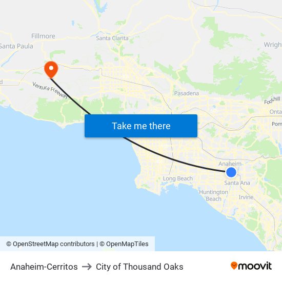 Anaheim-Cerritos to City of Thousand Oaks map