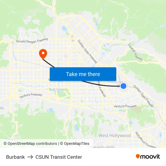 Burbank to CSUN Transit Center map