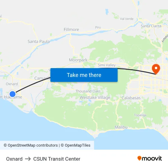 Oxnard to CSUN Transit Center map