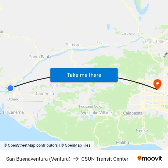 San Buenaventura (Ventura) to CSUN Transit Center map