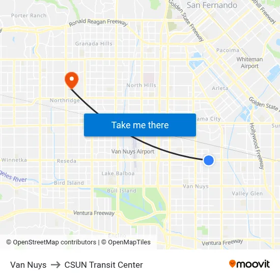 Van Nuys to CSUN Transit Center map