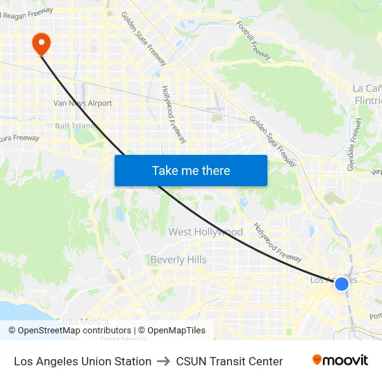 Los Angeles Union Station to CSUN Transit Center map