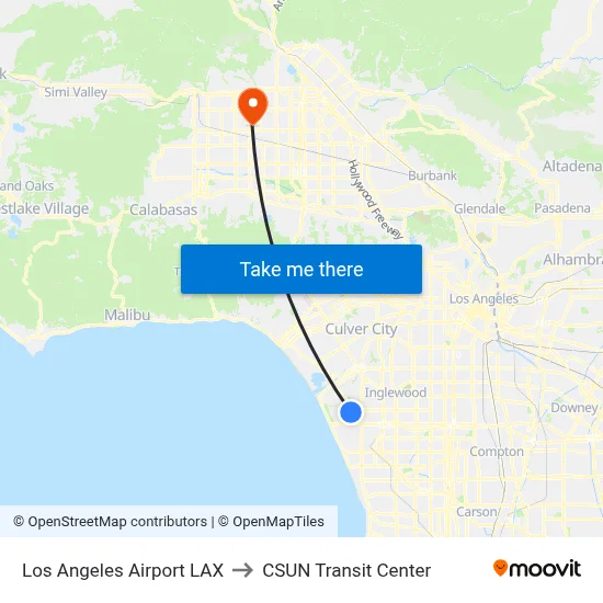 Los Angeles Airport LAX to CSUN Transit Center map