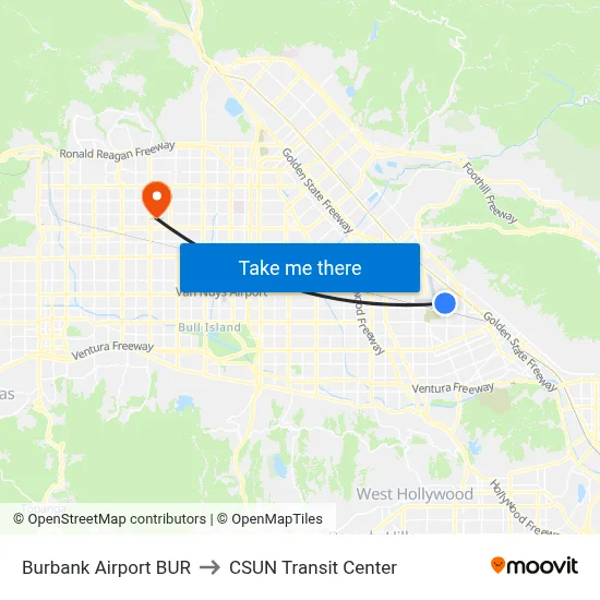 Burbank Airport BUR to CSUN Transit Center map