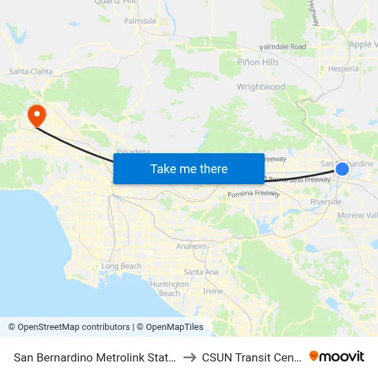 San Bernardino Metrolink Station to CSUN Transit Center map
