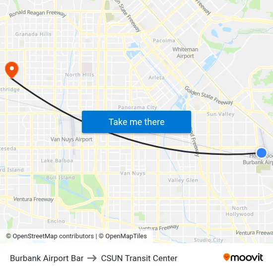 Burbank Airport Bar to CSUN Transit Center map