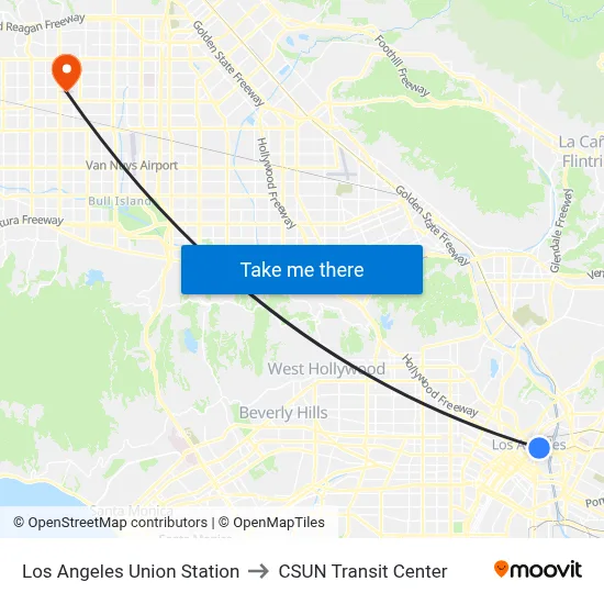 Los Angeles Union Station to CSUN Transit Center map