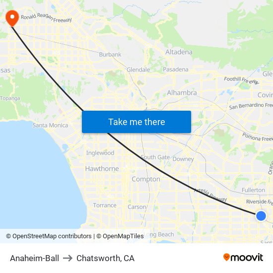 Anaheim-Ball to Chatsworth, CA map