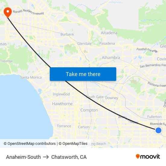 Anaheim-South to Chatsworth, CA map