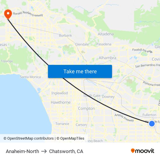 Anaheim-North to Chatsworth, CA map