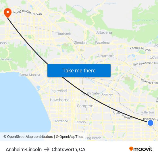 Anaheim-Lincoln to Chatsworth, CA map