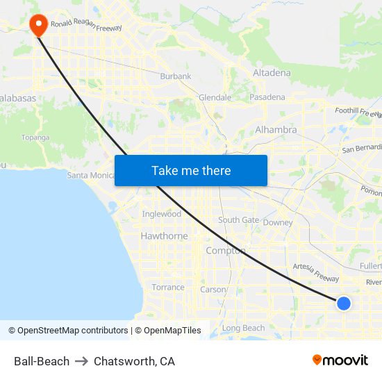 Ball-Beach to Chatsworth, CA map