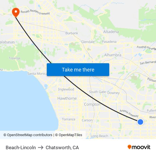 Beach-Lincoln to Chatsworth, CA map