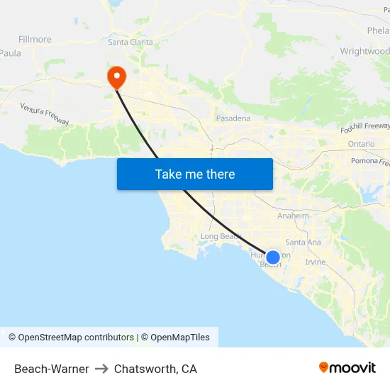 Beach-Warner to Chatsworth, CA map