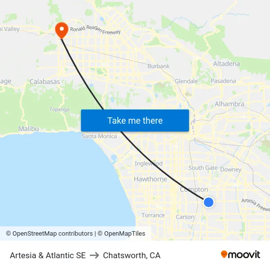Artesia & Atlantic SE to Chatsworth, CA map