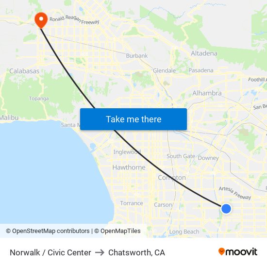 Norwalk / Civic Center to Chatsworth, CA map