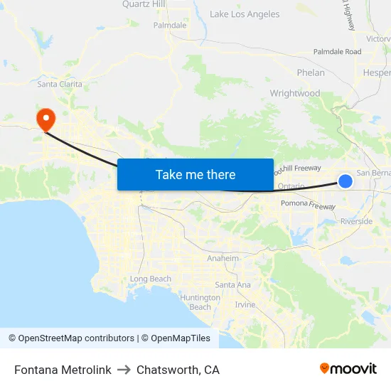 Fontana Metrolink to Chatsworth, CA map