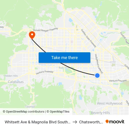 Whitsett Ave & Magnolia Blvd Southbound to Chatsworth, CA map