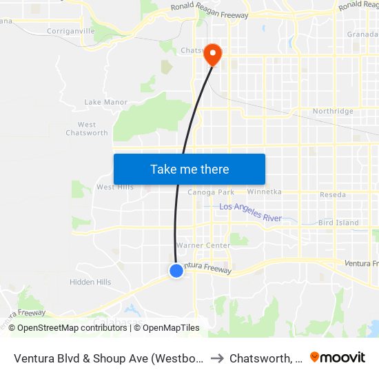 Ventura Blvd & Shoup Ave (Westbound) to Chatsworth, CA map