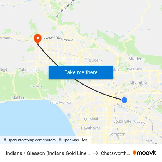 Indiana / Gleason (Indiana Gold Line Station) to Chatsworth, CA map