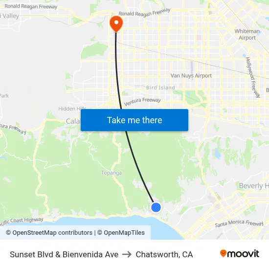 Sunset Blvd & Bienvenida Ave to Chatsworth, CA map