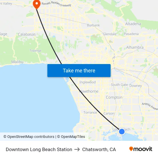 Downtown Long Beach Station to Chatsworth, CA map