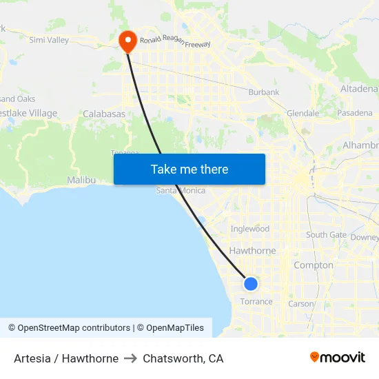 Artesia / Hawthorne to Chatsworth, CA map