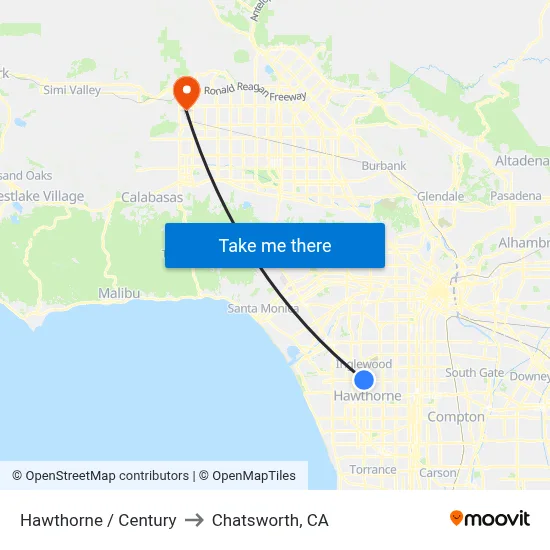 Hawthorne / Century to Chatsworth, CA map